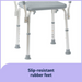 Close-up of the Medline Knockdown Portable Shower Chair shows a gray, height-adjustable seat with six metal legs, each ending in slip-resistant rubber feet. Text reads Slip-resistant rubber feet on a purple background.