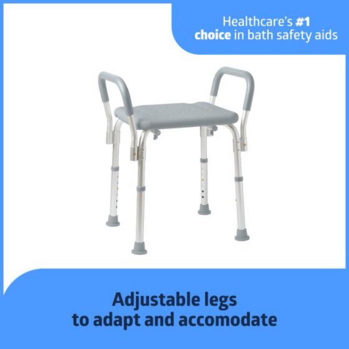 Image of the Medline Knockdown Portable Shower Chair with padded armrests, featuring height-adjustable seat and legs for personalized comfort. Set against a blue and white background, it stands out as the top bath safety aid choice.
