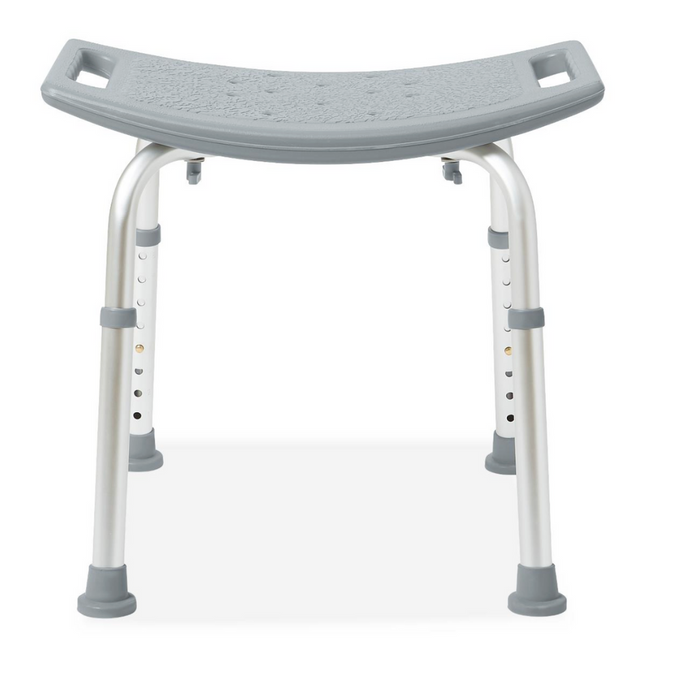 The Medline Bariatric Shower Chair without Back comes in gray and features an adjustable-height seat, non-slip rubber feet, a curved design, and built-in handles for added stability.