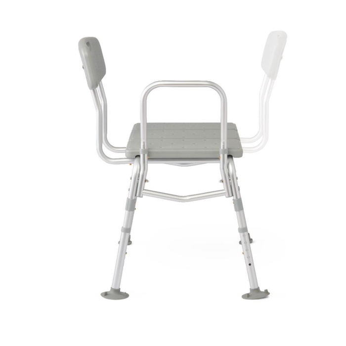 The Medline Bariatric Transfer Bath Bench with Back is a gray and white shower chair featuring a rust-resistant aluminum frame, backrest, armrests, adjustable legs, and a blow-molded seat for comfort and support during bathing.