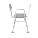The Medline Bariatric Transfer Bath Bench with Back is a gray and white shower chair featuring a rust-resistant aluminum frame, backrest, armrests, adjustable legs, and a blow-molded seat for comfort and support during bathing.