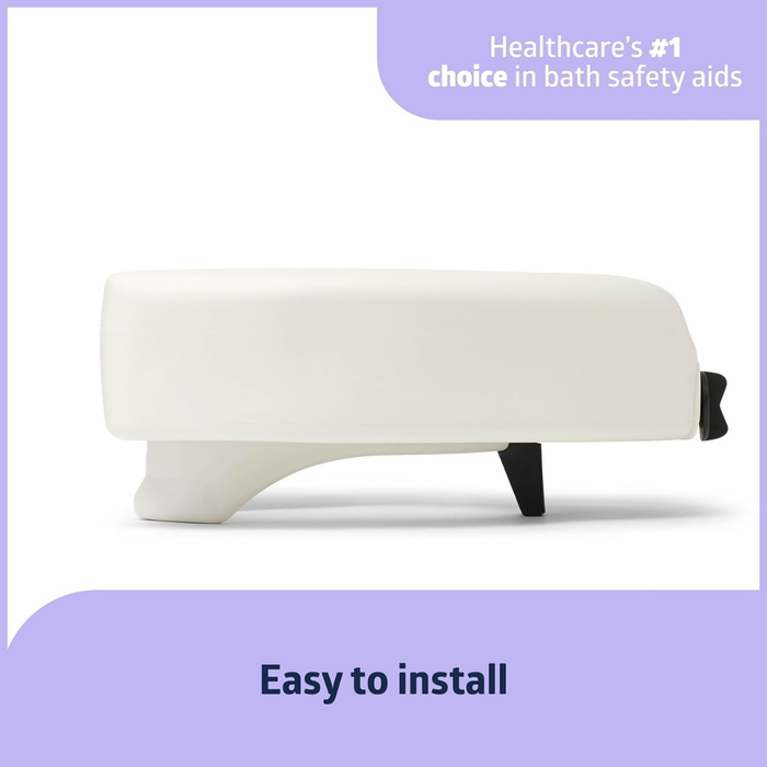 Side view of the Medline 5 Raised Easy Locking Toilet Seat with Microban Treatment against a white background with purple border. Text: Healthcare’s #1 choice in Bath and Home Safety. Easy to install at the bottom.