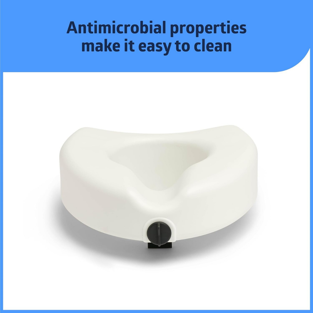 The Medline 5 Raised Easy Locking Toilet Seat with Microban Treatment is shown on a white background. Text above highlights Microban’s antimicrobial protection for bath and home safety, making cleaning simple.