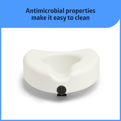 The Medline 5 Raised Easy Locking Toilet Seat with Microban Treatment is shown on a white background. Text above highlights Microban’s antimicrobial protection for bath and home safety, making cleaning simple.