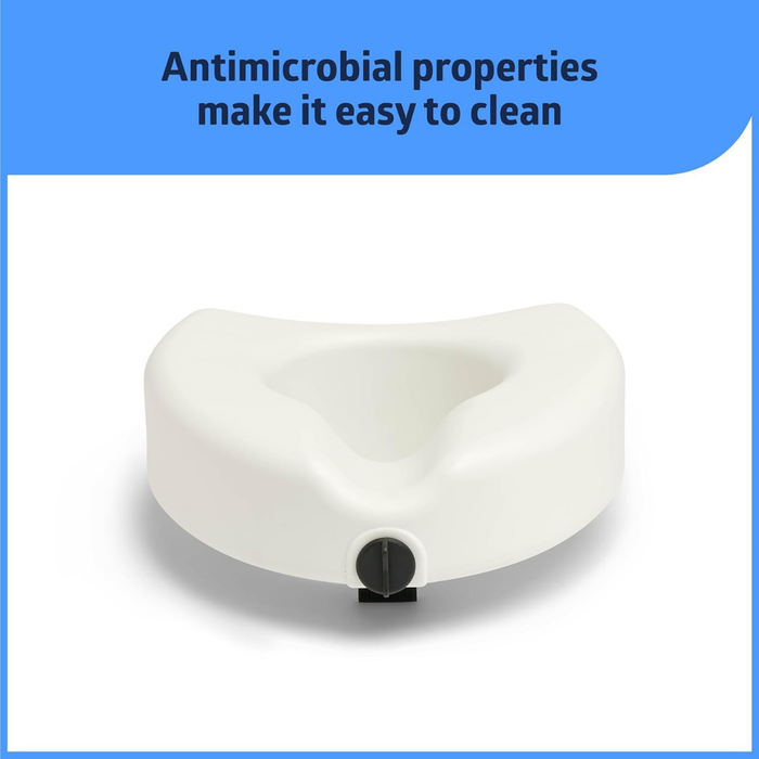 The Medline 5 Raised Easy Locking Toilet Seat with Microban Treatment is shown on a white background. Text above highlights Microban’s antimicrobial protection for bath and home safety, making cleaning simple.