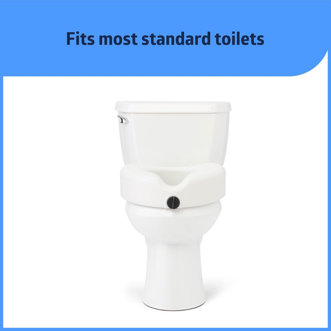 The Medline 5 Raised Easy Locking Toilet Seat with Microban Treatment, featuring a black knob, is attached to a standard toilet. Text above it reads: Fits most standard toilets.