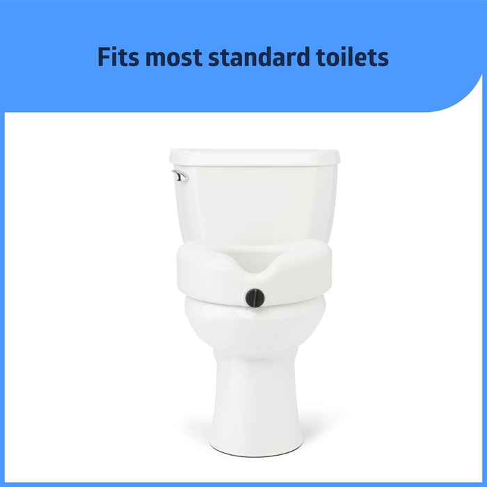 The Medline 5 Raised Easy Locking Toilet Seat with Microban Treatment, featuring a black knob, is attached to a standard toilet. Text above it reads: Fits most standard toilets.