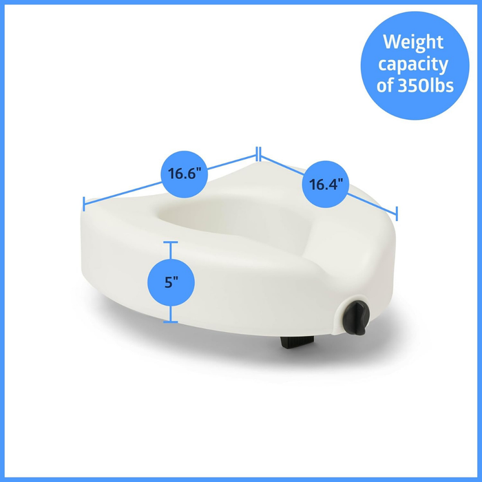 The Medline 5 Raised Easy Locking Toilet Seat with Microban Treatment is shown in white with a side knob. Blue arrows show measurements: 16.6 across, 16.4 deep, 5 high. A blue circle highlights a 350 lb weight capacity for secure use.