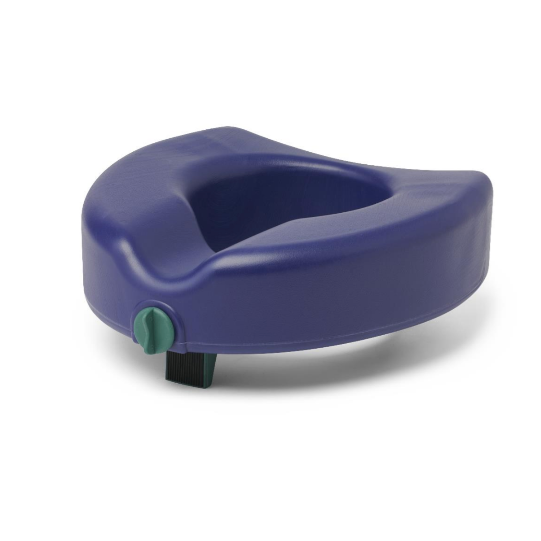 The Medline 5 Raised Locking Toilet Seat with Microban Treatment is a blue plastic riser featuring a front knob and black clamp for secure attachment, plus a U-shaped cutout for comfort and accessibility—an essential mobility aid.