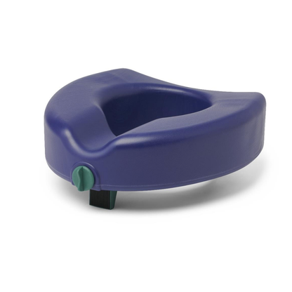 The Medline 5 Raised Locking Toilet Seat with Microban Treatment is a blue plastic riser featuring a front knob and black clamp for secure attachment, plus a U-shaped cutout for comfort and accessibility—an essential mobility aid.