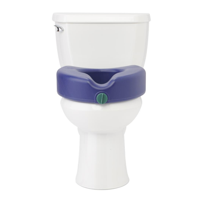 The Medline 5 Raised Locking Toilet Seat with Microban Treatment, topped with a white toilet, blue potty training seat, and green knob, boosts comfort and safety for kids during potty training.