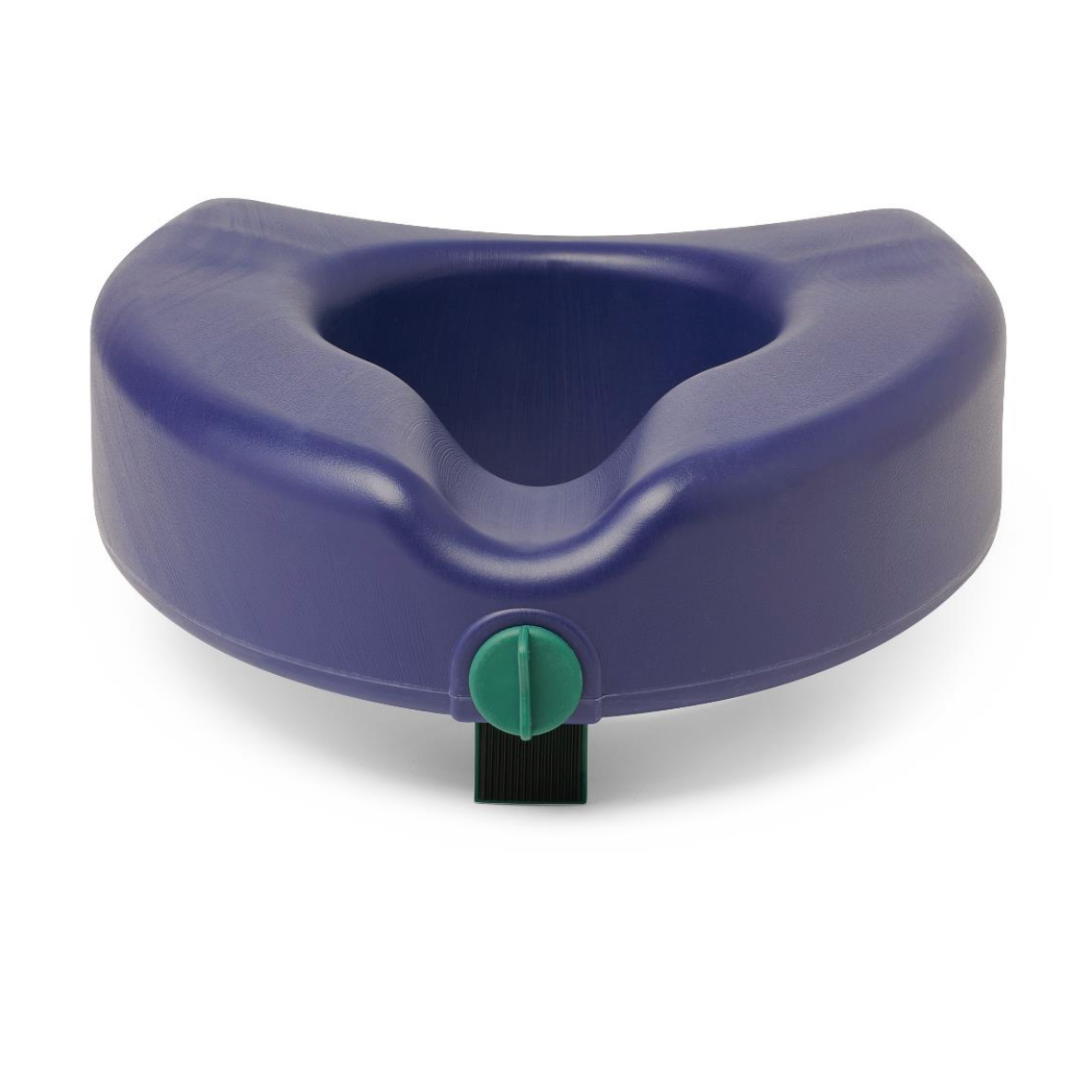 The Medline 5 Raised Locking Toilet Seat with Microban Treatment features a central cutout and green front locking knob, offering added stability and enhanced bathroom safety for those needing a reliable mobility aid.