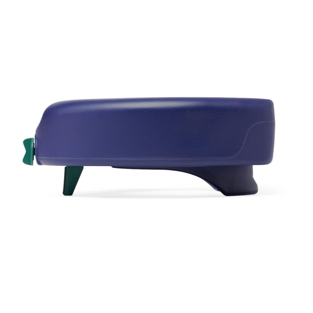A side view of the Medline 5 Raised Locking Toilet Seat with Microban Treatment, dark blue and oval-shaped with green legs and a latch, shown on a white background—an essential bathroom safety mobility aid.