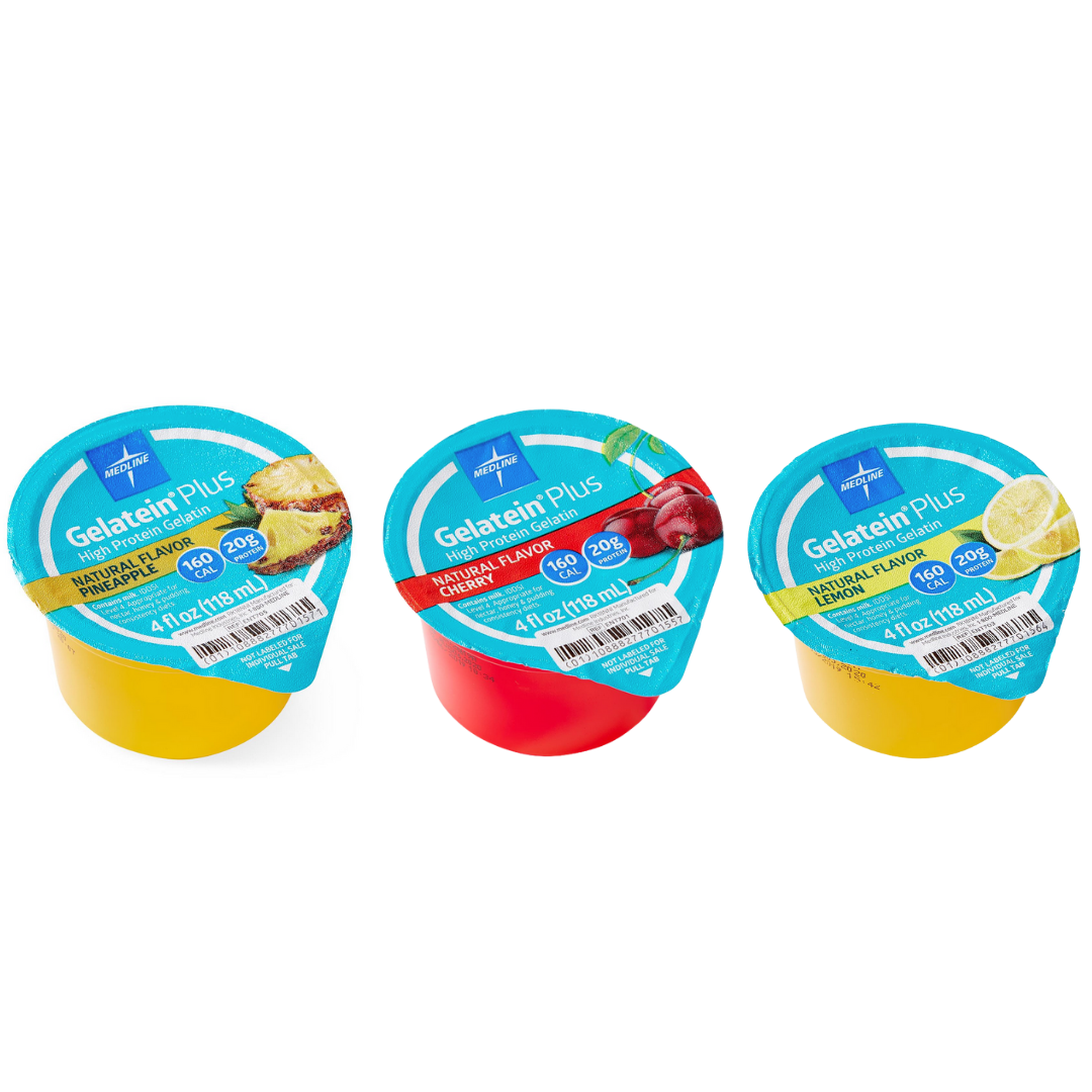 Three cups of Medline Gelatein Plus - High-Protein Gelatin (Case of 36) in wild berry, wild cherry, and lemon flavors are displayed in colorful red and yellow containers with blue lids, arranged on a white background.