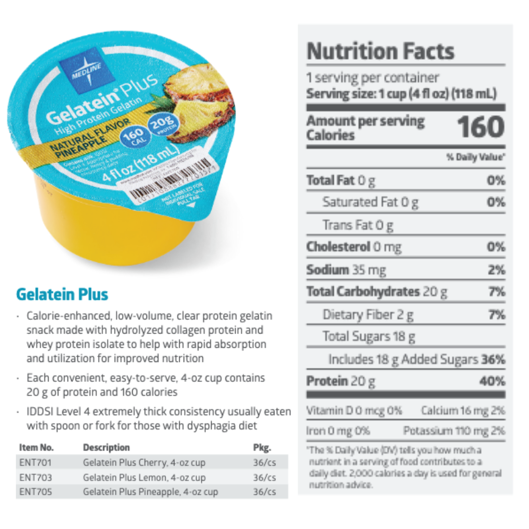 A case of 36 Medline Gelatein Plus high-protein gelatin snacks, pineapple flavor, each with 20g hydrolyzed collagen protein and 160 calories per serving; suitable for dysphagia diets with detailed nutrition info.
