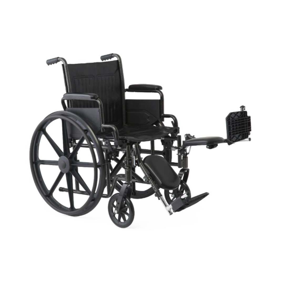 The Medline Guardian K1 Wheelchair features durable black vinyl upholstery, large rear wheels, small front wheels, armrests, and an elevated right leg rest. Padded seat and backrest provide comfort for everyday use.
