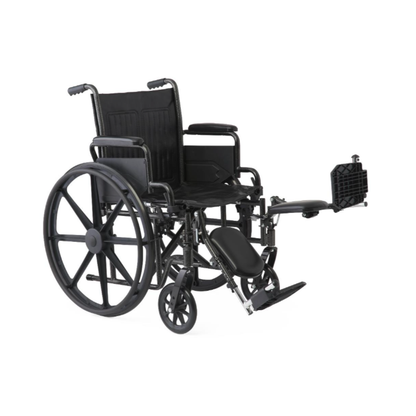 The Medline Guardian K1 Wheelchair features durable black vinyl upholstery, large rear wheels, small front wheels, armrests, and an elevated right leg rest. Padded seat and backrest provide comfort for everyday use.