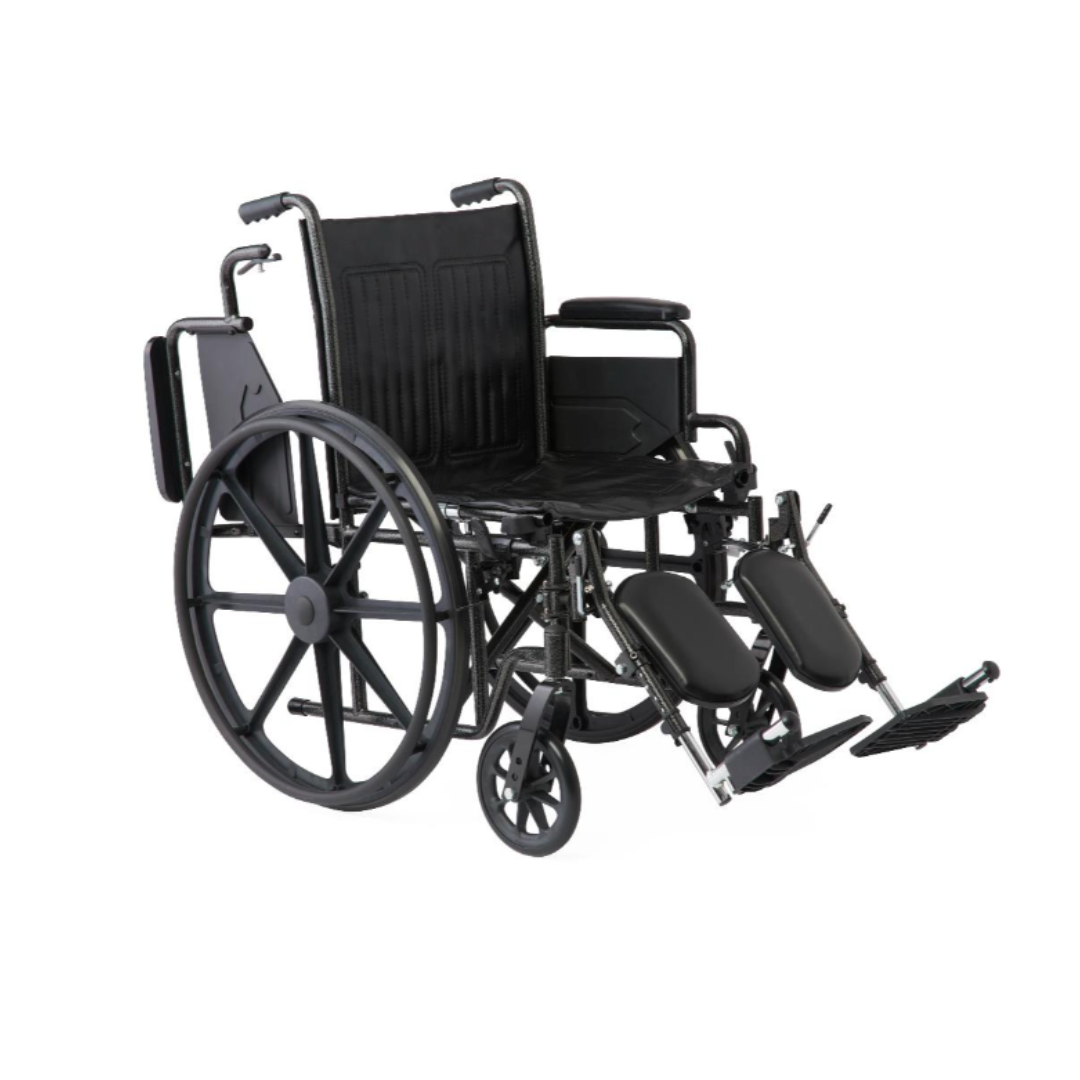 The Medline Guardian K1 Wheelchair features a durable black frame, large rear wheels, small front casters, padded vinyl seat, and outward-extending adjustable leg rests—ideal for everyday mobility needs.