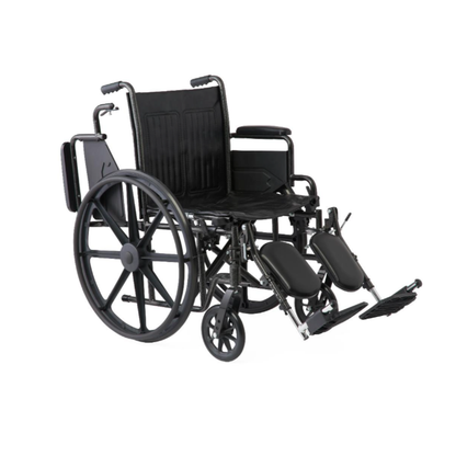 The Medline Guardian K1 Wheelchair features a durable black frame, large rear wheels, small front casters, padded vinyl seat, and outward-extending adjustable leg rests—ideal for everyday mobility needs.