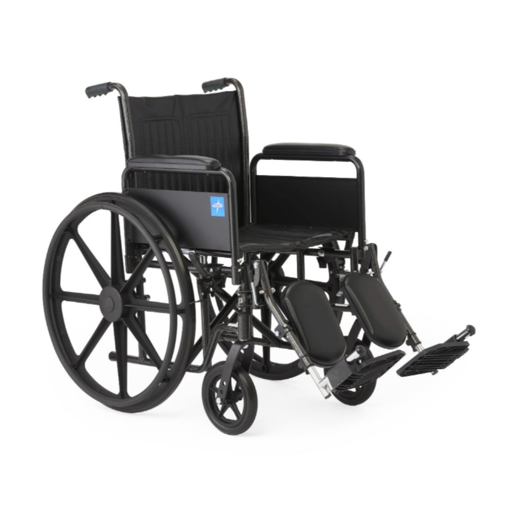 The Medline Guardian K1 Wheelchair features durable black vinyl upholstery, large rear wheels, small front wheels, padded seat and backrest, elevated leg rests, and padded armrests—making it ideal for everyday use. An accessibility symbol appears on the side.