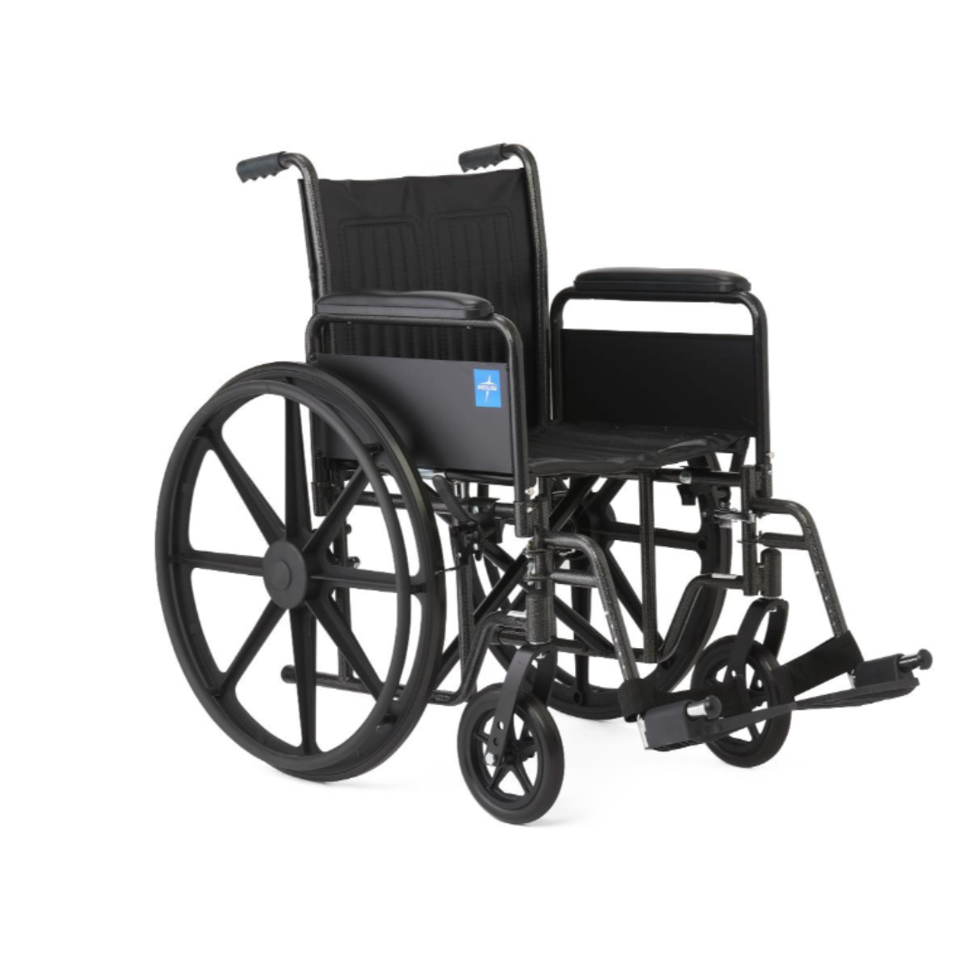 The Medline Guardian K1 Wheelchair features durable black vinyl upholstery, large rear wheels, small front casters, armrests, and footrests—ideal for daily use and shown on a plain white background.