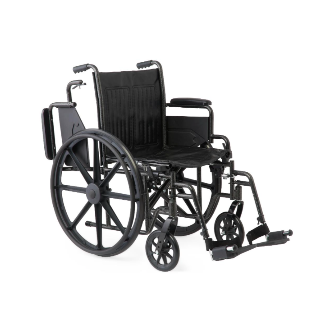 The Medline Guardian K1 Wheelchair with vinyl upholstery is a durable black manual model featuring large rear wheels, small front wheels, armrests, and footrests—ideal for daily use and pictured on a plain white background.