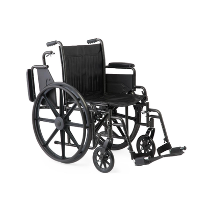 The Medline Guardian K1 Wheelchair with vinyl upholstery is a durable black manual model featuring large rear wheels, small front wheels, armrests, and footrests—ideal for daily use and pictured on a plain white background.