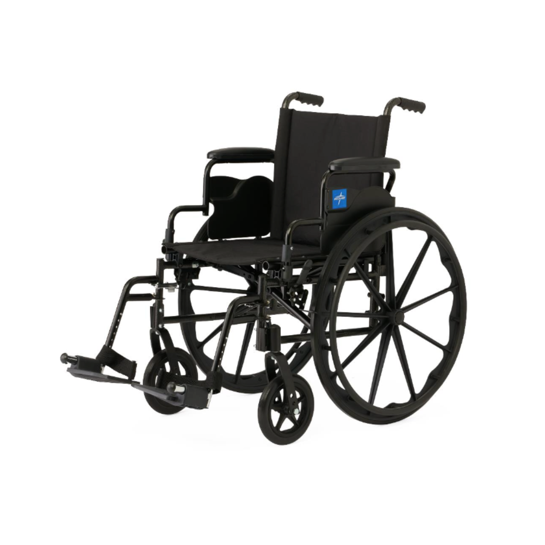 The Medline Guardian K4 Wheelchair with Desk-Length Arms features a lightweight black frame, large rear wheels, small front wheels, black seat and backrest, plus footrests—making it a portable mobility option.