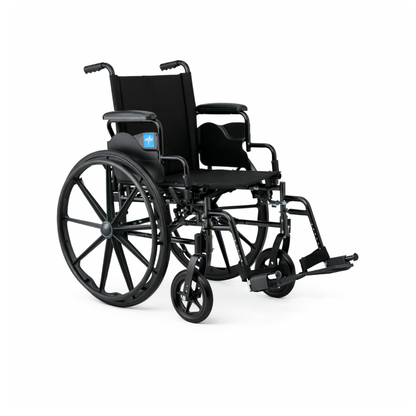 The Medline Guardian K4 Wheelchair with Desk-Length Arms is black, features large rear wheels, smaller front wheels, padded armrests, footrests, and has a blue sticker on the side. It is shown against a white background.