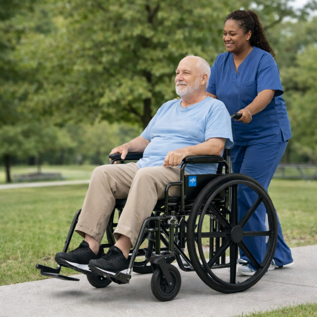 A smiling caregiver in blue scrubs pushes an elderly man in a Medline Guardian K4 Wheelchair with Desk-Length Arms along a sunny park pathway, with green trees and grass in the background.