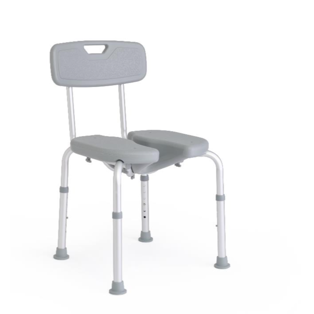 The Medline Knockdown Shower Chair with Cutout features a gray, adjustable-height design with a backrest, split padded seat, and four rubber-tipped legs for stable and comfortable bathing.
