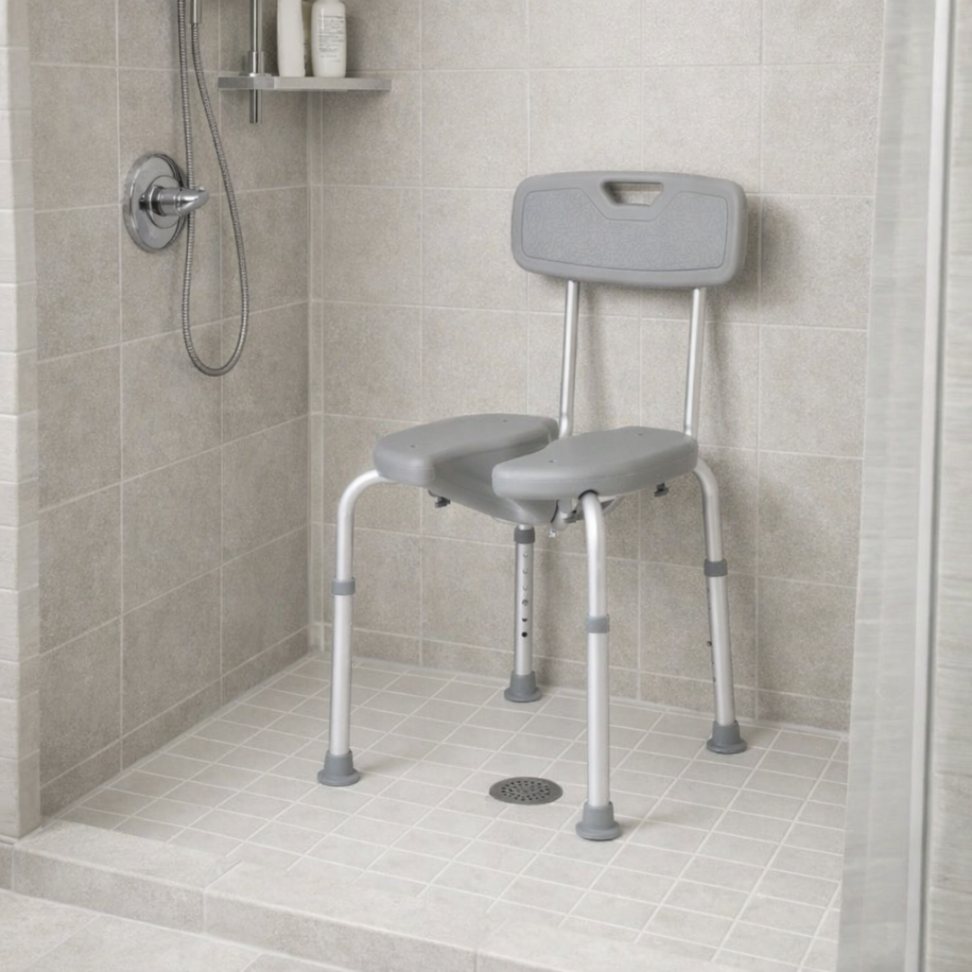 The Medline Knockdown Shower Chair with Cutout, featuring a gray split seat and backrest, stands in a modern walk-in shower with tiled floor, wall-mounted handheld showerhead, toiletries shelf, and contemporary design touches.