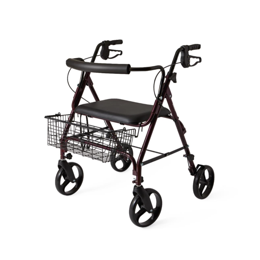 The Medline Heavy-Duty Bariatric Rollator with 8" Wheels features hand brakes, a padded seat, curved backrest, wire basket underneath, and a dark foldable frame—ideal for enhanced mobility and support for larger users.