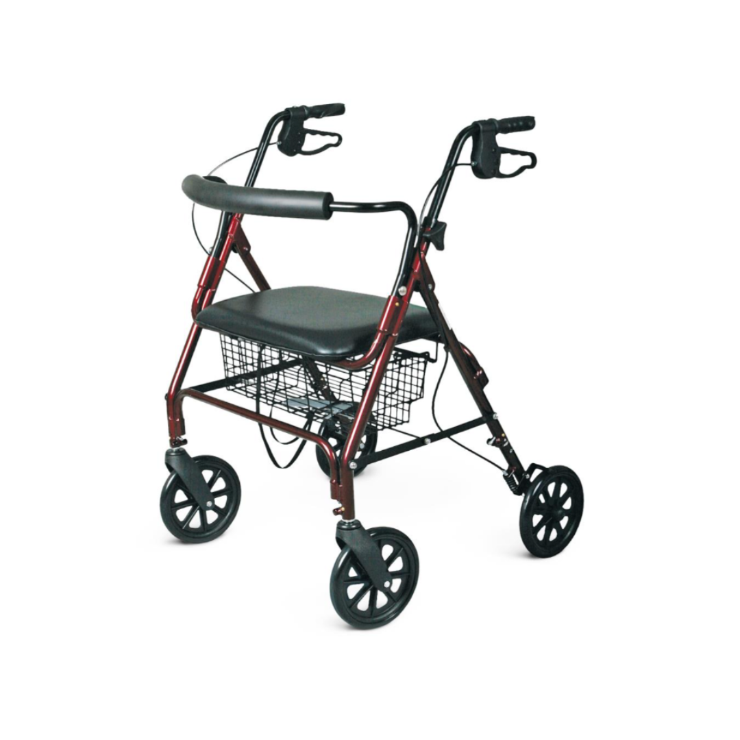 The Medline Heavy-Duty Bariatric Rollator with 8" wheels offers reliable mobility assistance, featuring a red frame, four wheels, padded seat, black handles with hand brakes, and a wire basket underneath for storage.