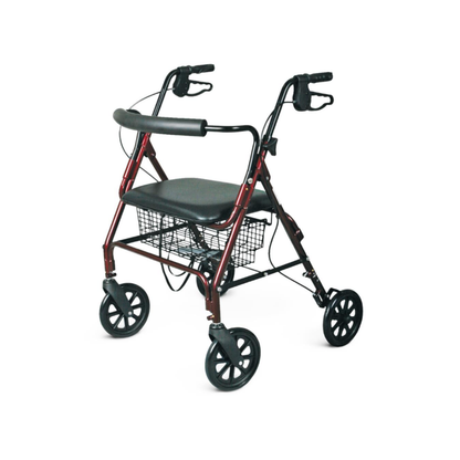 The Medline Heavy-Duty Bariatric Rollator with 8" wheels offers reliable mobility assistance, featuring a red frame, four wheels, padded seat, black handles with hand brakes, and a wire basket underneath for storage.