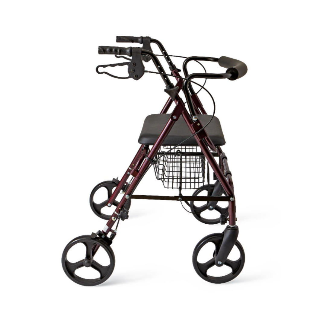 The Medline Heavy-Duty Bariatric Rollator with 8" wheels features a maroon frame, four wheels, hand brakes, a black padded seat, and a wire basket for individuals needing mobility support.