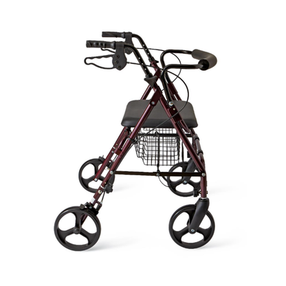 The Medline Heavy-Duty Bariatric Rollator with 8" wheels features a maroon frame, four wheels, hand brakes, a black padded seat, and a wire basket for individuals needing mobility support.