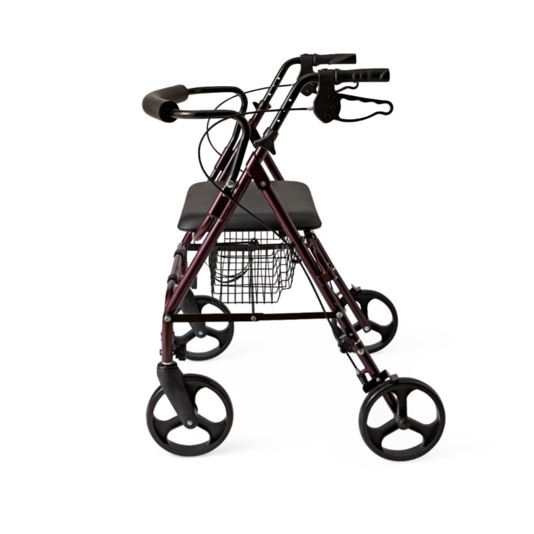 The Medline Heavy-Duty Bariatric Rollator with 8" wheels, shown in maroon against a white background, features four wheels, hand brakes, a padded seat, and a metal basket underneath.
