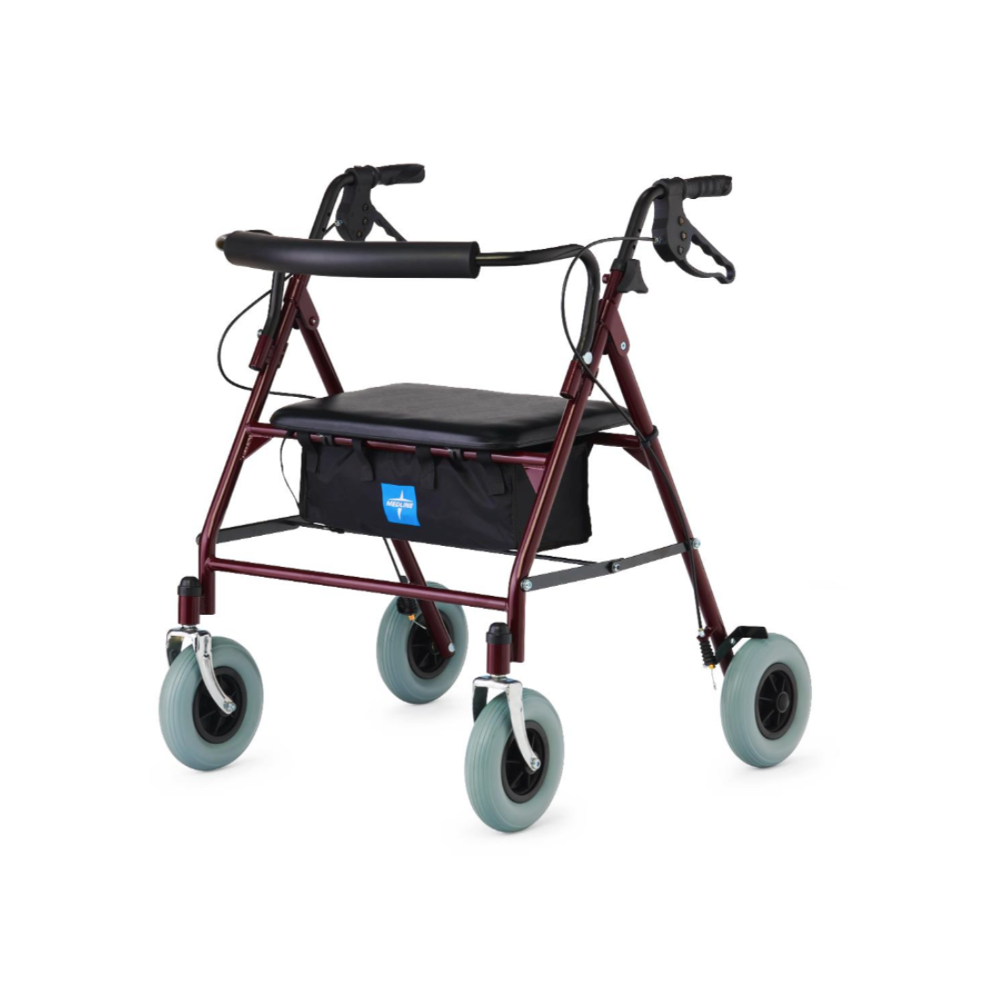 The Medline Heavy-Duty Bariatric Rollator with 8" Wheels features a red frame, black handles and seat, a storage pouch under the seat, grey wheels, and hand brakes on each handle for added support and safety.