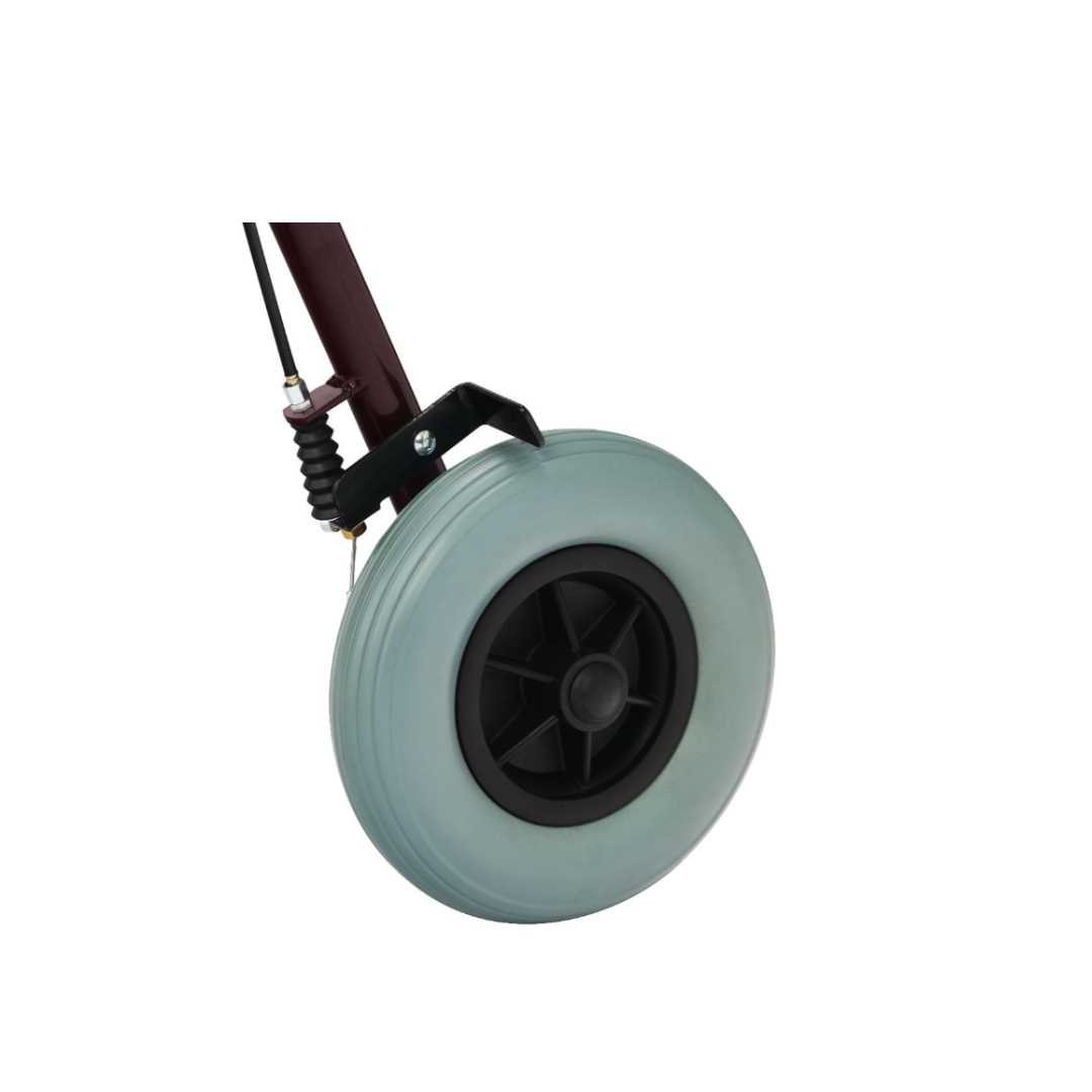Close-up of an 8" grey plastic wheel with a black hub attached to the Medline Heavy-Duty Bariatric Rollator's metal frame, designed for enhanced mobility support.