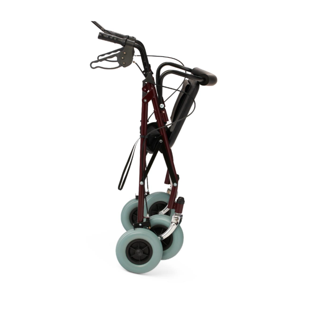 The Medline Heavy-Duty Bariatric Rollator with 8" wheels is a compact rollator, shown folded for easy storage or transport. It features a burgundy frame and four large blue wheels for added stability.