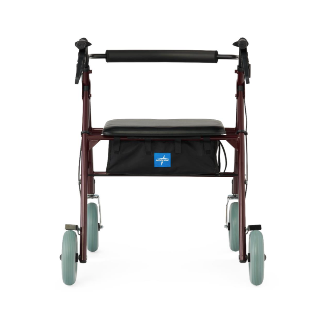 Front view of the Medline Heavy-Duty Bariatric Rollator with 8" Wheels, showcasing a maroon frame, padded seat, black storage pouch, handlebars, and light gray wheels—designed for users who need extra support and durability.