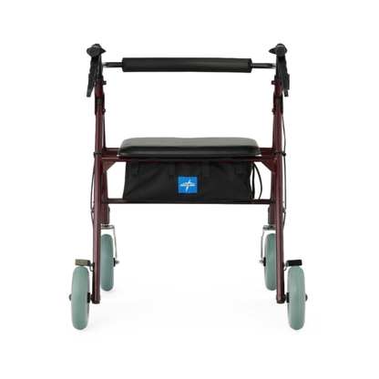Front view of the Medline Heavy-Duty Bariatric Rollator with 8" Wheels, showcasing a maroon frame, padded seat, black storage pouch, handlebars, and light gray wheels—designed for users who need extra support and durability.