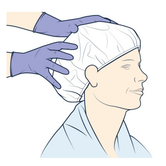 An illustration features a person in a medical gown, calmly facing sideways as purple-gloved hands place a Medline ReadyBath Rinse-Free Conditioning Shampoo Cap on their head, set against a plain white background that highlights the serene pre-surgery moment.
