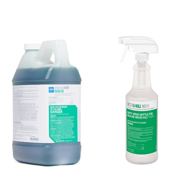 Two Medline Micro-Kill NQ10 Disinfectant 64 oz bottles: a large opaque jug with blue liquid and a smaller trigger spray bottle, both with green and white labels—a true labor-saving solution.
