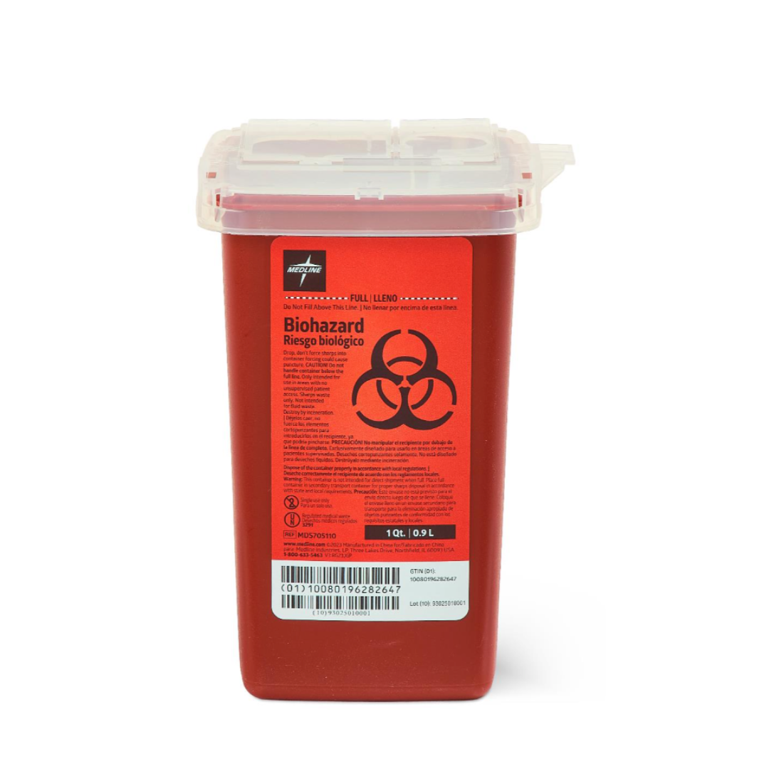 The Medline Multipurpose Sharps Containers offer safe disposal of medical sharps with a red base, clear lid, biohazard label, bilingual warnings (English/Spanish), barcode, and secure storage for medical waste.