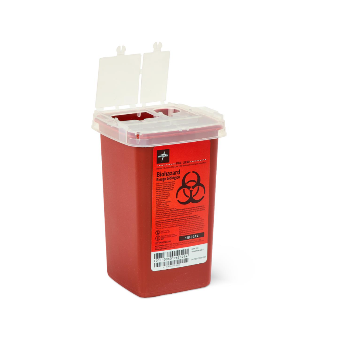 A red Medline Multipurpose Sharps Container with a translucent lid features a biohazard symbol, disposal instructions, and an infectious waste warning label—ideal for safely disposing of medical sharps and waste.