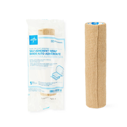 A package and an unwrapped roll of Medline Non-Sterile Tan Self-Adherent Wrap Short Rolls are shown side by side, with blue and white packaging displaying product details in English, French, and Spanish.