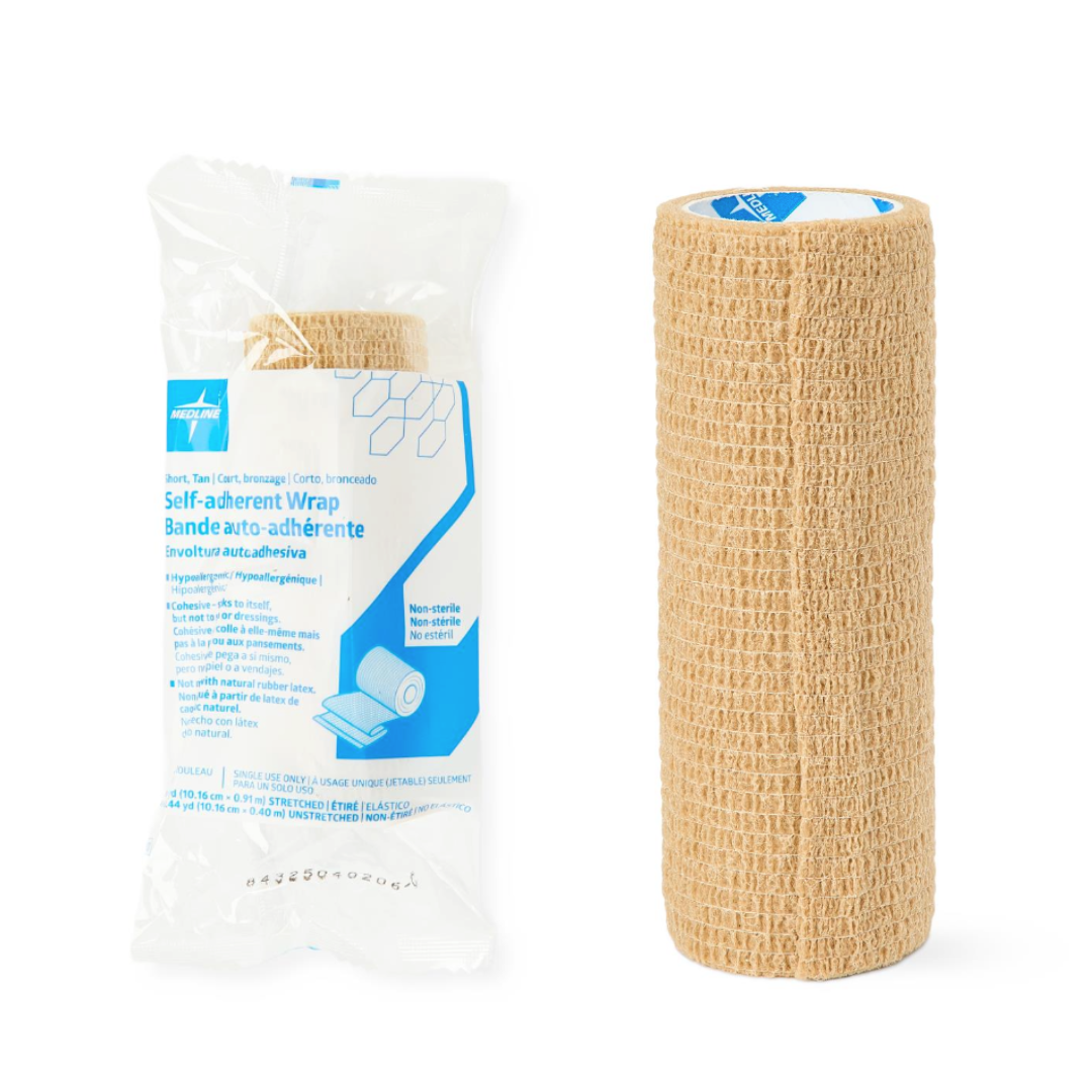 A Medline Non-Sterile Tan Self-Adherent Wrap Short Roll is displayed, both in its clear packaging (left) and unwrapped as a roll (right). For first aid use, this textured wrap securely adheres to itself.