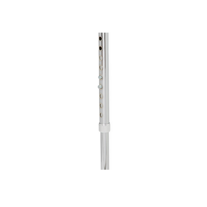 A close-up of the Medline Offset Handle Bariatric Cane (500 lb Cap) shows its shiny metallic adjustable pole with evenly spaced holes and a button height adjustment mechanism. The cane is set against a plain white background.